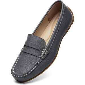 Kordal Women's Grey Leather Comfortable & Lightweight Penny Loafers Flats